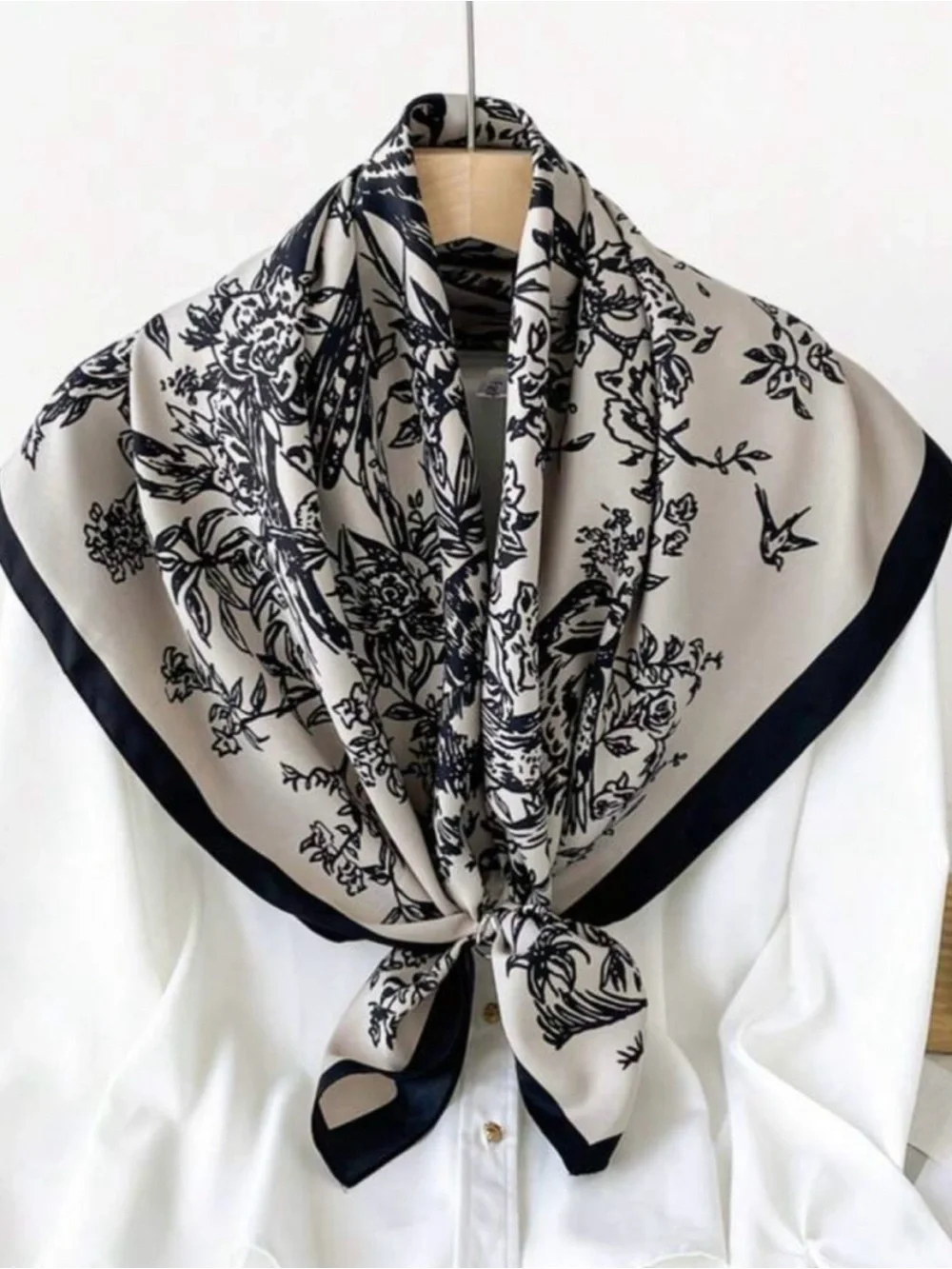 Luxe vintage inspired black + cream floral bird print wild rag neck scarf, new!